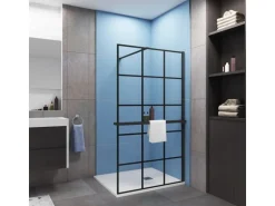 AICA 100x200cm 8mm NANO Glas Walk In Schwarz Duschwand mit Glasdekor Gitter mit Duschregal mit Stabilisator F130B