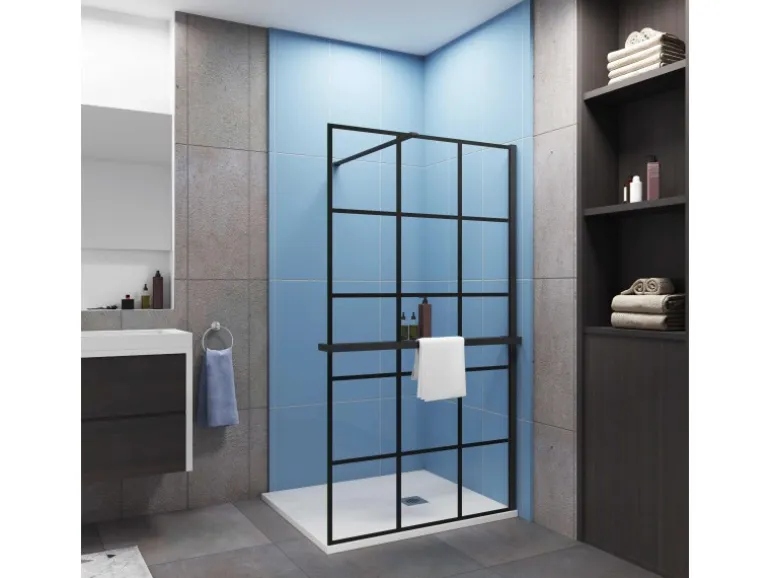 AICA 100x200cm 8mm NANO Glas Walk In Schwarz Duschwand mit Glasdekor Gitter mit Duschregal mit Stabilisator F130B