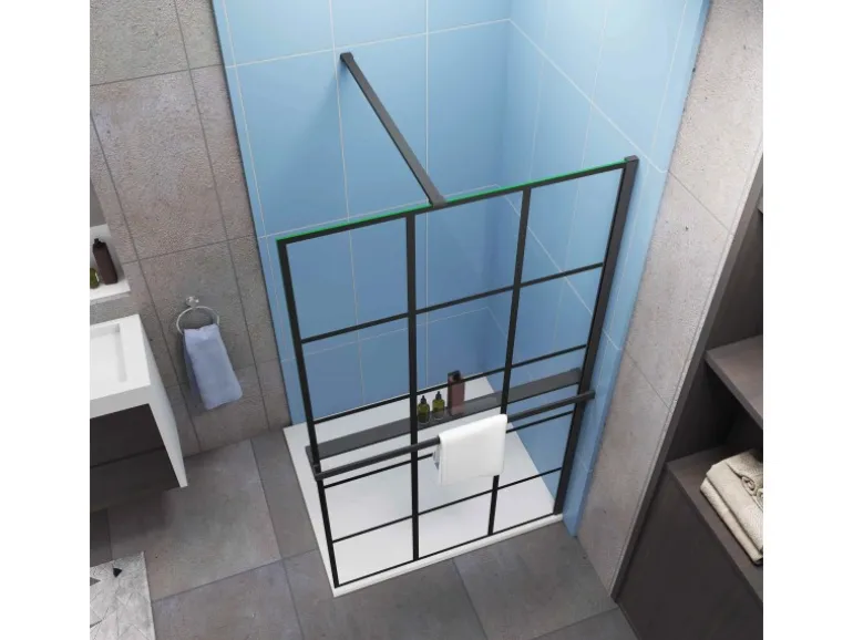 AICA 100x200cm 8mm NANO Glas Walk In Schwarz Duschwand mit Glasdekor Gitter mit Duschregal mit Stabilisator F130B