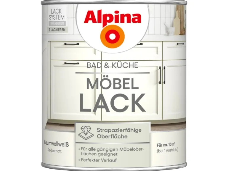 Alpina Möbel-Lack Bad & Küche Baumwollweiß Seidenmatt 750 ml