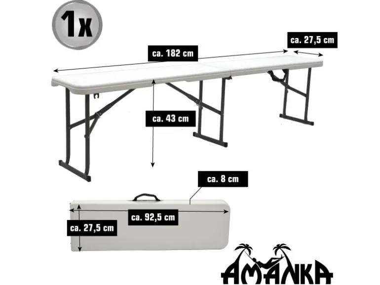 AMANKA Bierbank aus Kunststoff 182 x 27 x 43 cm - Weiß - Klappbar