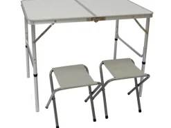 AMANKA Klappbarer Campingtisch 90 x 60 x 70 cm inkl. 2 Aluminium Hocker Hellgrau