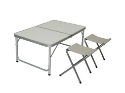 AMANKA Klappbarer Campingtisch 90 x 60 x 70 cm inkl. 2 Aluminium Hocker Hellgrau