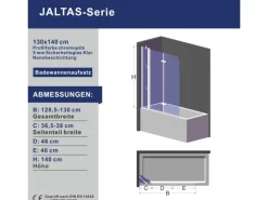 Aquabatos Badewannenfaltwand 130 x 140 cm 3tlg. Badewannenaufsatz Dusche Duschabtrennung Duschwand für Badewanne 5mm ESG Echtglas