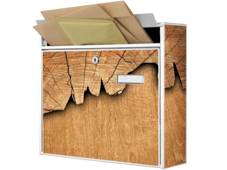 Banjado Briefkasten Weiß 36.2x32.2x10cm Groß / Inkl. Montagematerial & 2 Schlüsseln / Mit Namensschild Motiv Holz