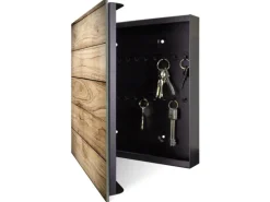 Banjado Großer Schlüsselkasten Glas 30x30cm Schwarz Scharnier Links 50 Haken Beschreibbar Magnetisch Motiv Holzplanken