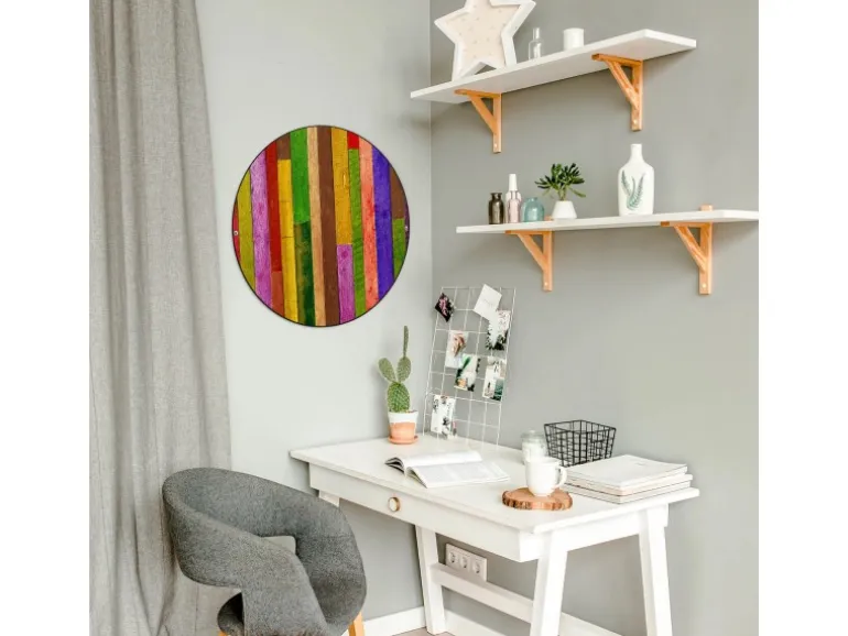 Banjado Magnettafel Rund Größe 47cm Magnetwand Schwarz Aus Metall Magnetpinnwand Pinnwand Motiv Holz Collage Bunt