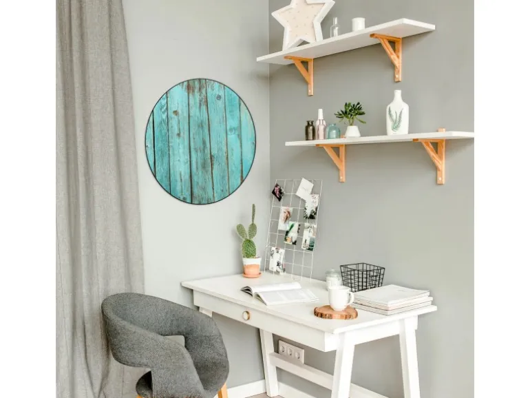 Banjado Magnettafel Rund Größe 47cm Magnetwand Schwarz Aus Metall Magnetpinnwand Pinnwand Motiv Blaues Holz