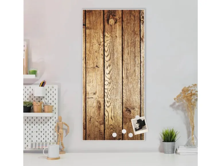 Banjado Magnettafel 37x78cm Magnetwand Weiß Aus Metall Magnetpinnwand Pinnwand Inkl. 4 Magnete Motiv Geöltes Holz
