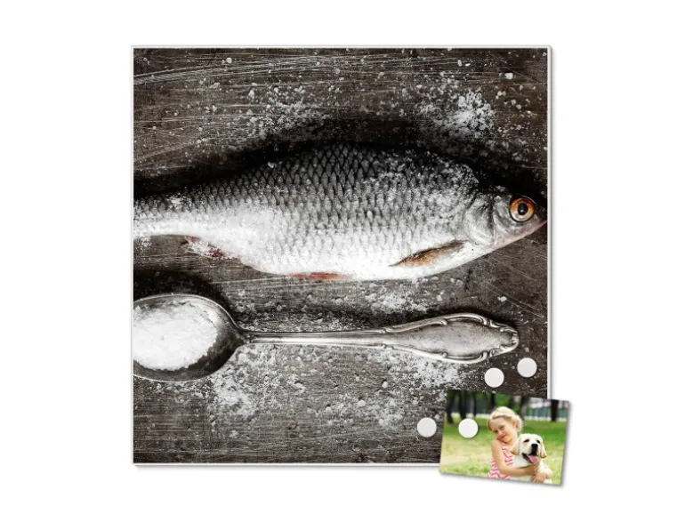 Banjado Magnettafel 50x50cm Magnetwand Weiß Aus Metall Magnetpinnwand Pinnwand Inkl. 4 Magnete Motiv Fisch Und Salz