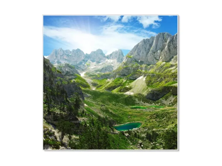Banjado Magnettafel 50x50cm Magnetwand Weiß Aus Metall Magnetpinnwand Pinnwand Inkl. 4 Magnete Motiv Bergsee Alpen