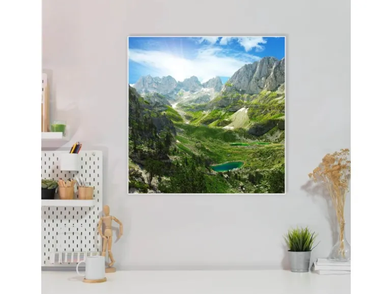 Banjado Magnettafel 50x50cm Magnetwand Weiß Aus Metall Magnetpinnwand Pinnwand Inkl. 4 Magnete Motiv Bergsee Alpen