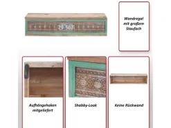BERLINLODGE Wandregal HxBxT 65x16x13cm Tanne Holz Massiv Vintage Patchwork Hängeregal Regal