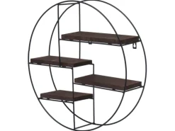 BERLINLODGE Wandregal Rund HxBxT 45x45x11cm 4 Regalböden Metall Massiv-Holz Industrial Dunkelbraun Hängeregal Schweberegal Regal