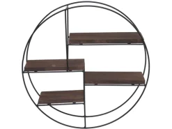 BERLINLODGE Wandregal Rund HxBxT 45x45x11cm 4 Regalböden Metall Massiv-Holz Industrial Dunkelbraun Hängeregal Schweberegal Regal