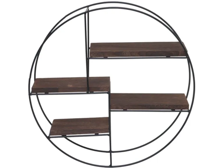 BERLINLODGE Wandregal Rund HxBxT 45x45x11cm 4 Regalböden Metall Massiv-Holz Industrial Dunkelbraun Hängeregal Schweberegal Regal