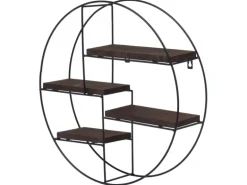 BERLINLODGE Wandregal Rund HxBxT 45x45x11cm 4 Regalböden Metall Massiv-Holz Industrial Dunkelbraun Hängeregal Schweberegal Regal
