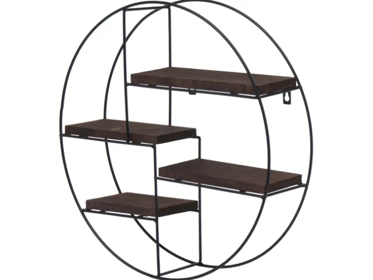 BERLINLODGE Wandregal Rund HxBxT 45x45x11cm 4 Regalböden Metall Massiv-Holz Industrial Dunkelbraun Hängeregal Schweberegal Regal