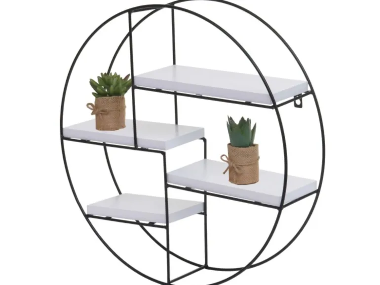 BERLINLODGE Wandregal Rund HxBxT 45x45x11cm 4 Regalböden Metall Massiv-Holz Industrial Weiß Hängeregal Schweberegal Regal
