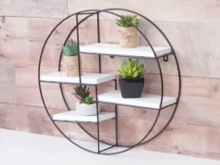 BERLINLODGE Wandregal Rund HxBxT 45x45x11cm 4 Regalböden Metall Massiv-Holz Industrial Weiß Hängeregal Schweberegal Regal