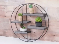 BERLINLODGE Wandregal Rund HxBxT 45x45x11cm 4 Regalböden Metall Massiv-Holz Industrial Dunkelgrau Hängeregal Schweberegal Regal