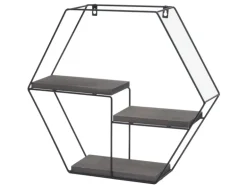 BERLINLODGE Wandregal Sechseckig HxBxT 43x49x11cm 3 Regalböden Metall Massiv-Holz Industrial Dunkelgrau Hängeregal Schweberegal Regal