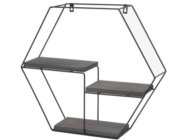 BERLINLODGE Wandregal Sechseckig HxBxT 43x49x11cm 3 Regalböden Metall Massiv-Holz Industrial Dunkelgrau Hängeregal Schweberegal Regal