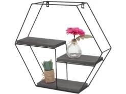 BERLINLODGE Wandregal Sechseckig HxBxT 43x49x11cm 3 Regalböden Metall Massiv-Holz Industrial Dunkelgrau Hängeregal Schweberegal Regal