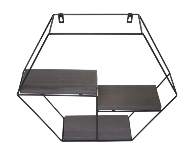 BERLINLODGE Wandregal Sechseckig HxBxT 43x49x11cm 3 Regalböden Metall Massiv-Holz Industrial Dunkelgrau Hängeregal Schweberegal Regal