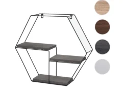 BERLINLODGE Wandregal Sechseckig HxBxT 43x49x11cm 3 Regalböden Metall Massiv-Holz Industrial Dunkelgrau Hängeregal Schweberegal Regal