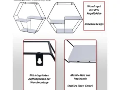 BERLINLODGE Wandregal Sechseckig HxBxT 43x49x11cm 3 Regalböden Metall Massiv-Holz Industrial Dunkelgrau Hängeregal Schweberegal Regal