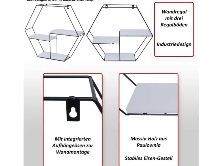 BERLINLODGE Wandregal Sechseckig HxBxT 43x49x11cm 3 Regalböden Metall Massiv-Holz Industrial Dunkelgrau Hängeregal Schweberegal Regal