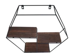 BERLINLODGE Wandregal Sechseckig HxBxT 43x49x11cm 3 Regalböden Metall Massiv-Holz Industrial Dunkelbraun Hängeregal Schweberegal Regal