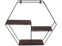 BERLINLODGE Wandregal Sechseckig HxBxT 43x49x11cm 3 Regalböden Metall Massiv-Holz Industrial Dunkelbraun Hängeregal Schweberegal Regal