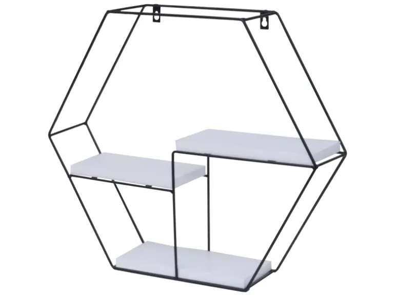 BERLINLODGE Wandregal Sechseckig HxBxT 43x49x11cm 3 Regalböden Metall Massiv-Holz Industrial Weiß Hängeregal Schweberegal Regal