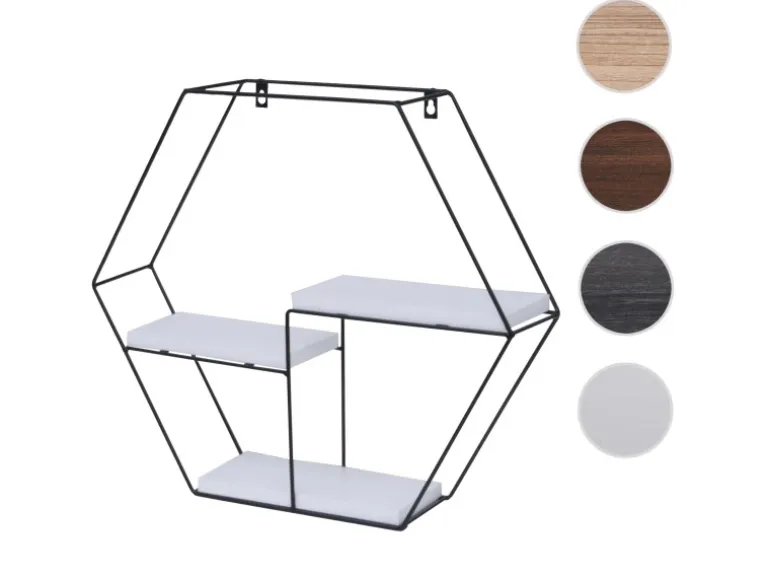 BERLINLODGE Wandregal Sechseckig HxBxT 43x49x11cm 3 Regalböden Metall Massiv-Holz Industrial Weiß Hängeregal Schweberegal Regal