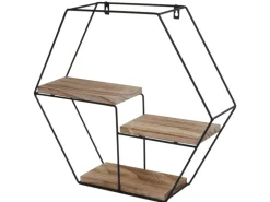 BERLINLODGE Wandregal Sechseckig HxBxT 43x49x11cm 3 Regalböden Metall Massiv-Holz Industrial Natur Hängeregal Schweberegal Regal