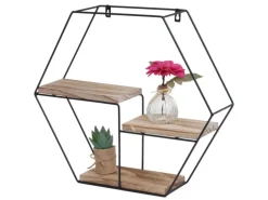BERLINLODGE Wandregal Sechseckig HxBxT 43x49x11cm 3 Regalböden Metall Massiv-Holz Industrial Natur Hängeregal Schweberegal Regal