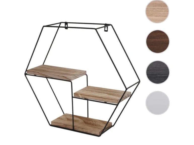 BERLINLODGE Wandregal Sechseckig HxBxT 43x49x11cm 3 Regalböden Metall Massiv-Holz Industrial Natur Hängeregal Schweberegal Regal