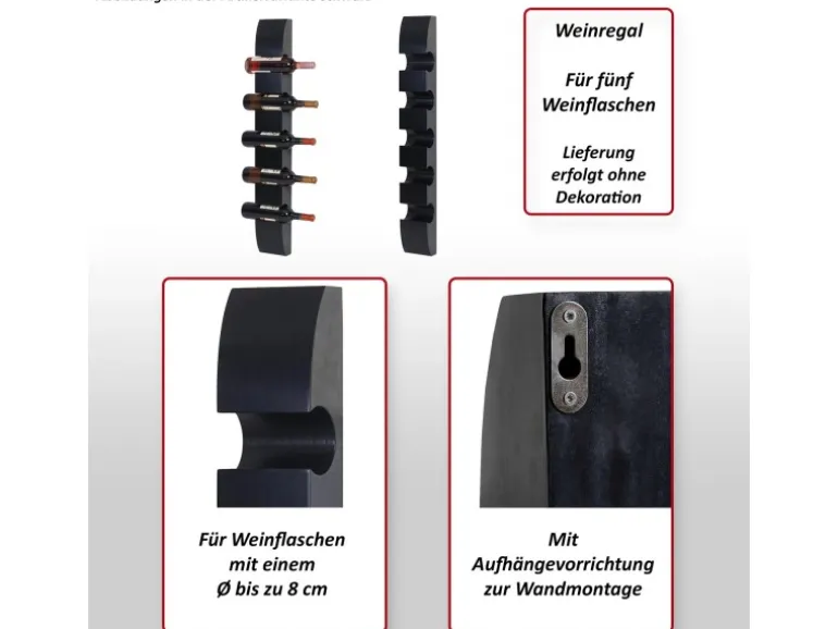 BERLINLODGE Weinregal Für 5 Flaschen HxBxT 99x13x9cm Schwarz Flaschenregal Wandregal Flaschenhalter