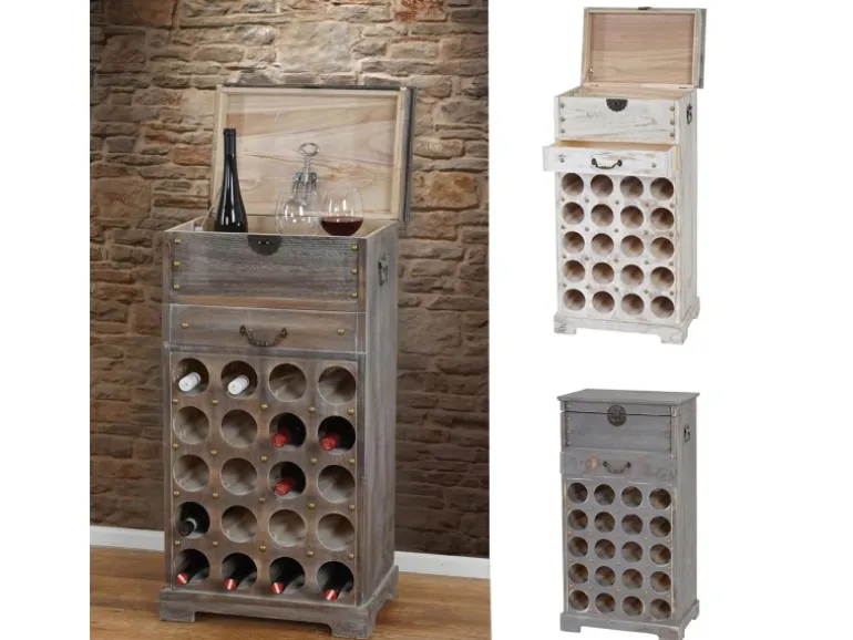 BERLINLODGE Weinregal Mit Schublade Und Truhe Flaschenregal Für 20 Flaschen HxBxT 94x48x31cm Shabby-Look Vintage Braun