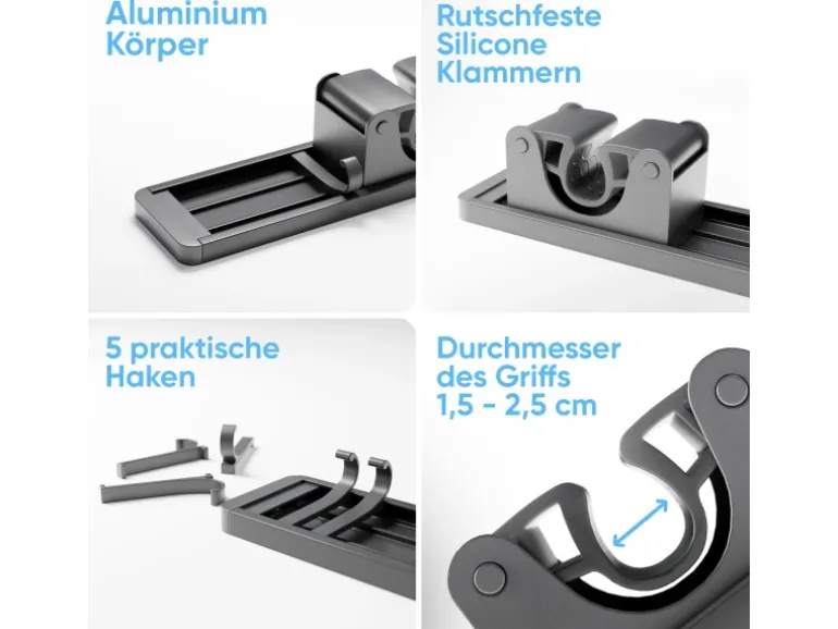 Björn&Schiller Gerätehalter Wandhalterung Aluminium 4 Besenhalter 5 Haken bis 10 kg