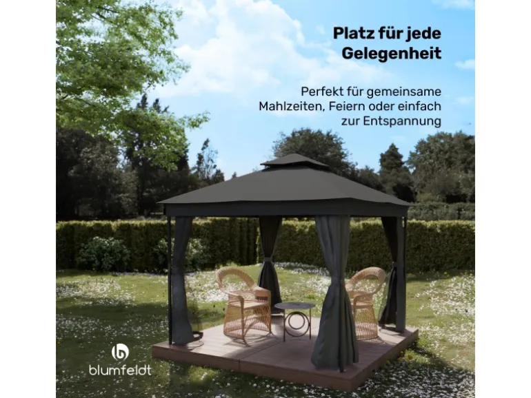 Blumfeldt Mondo Dual 3x3 m Pavillon mit Doppeldach und Moskitonetzen Dunkelgrau