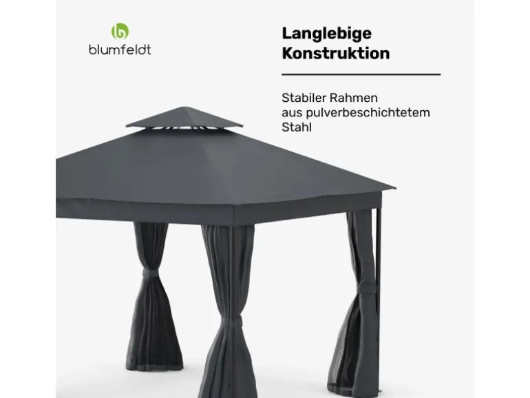Blumfeldt Mondo Dual 3x3 m Pavillon mit Doppeldach und Moskitonetzen Dunkelgrau