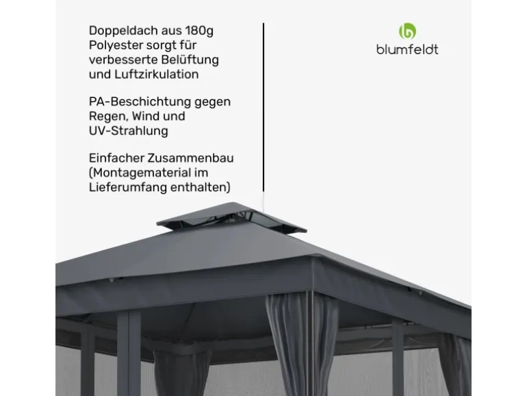 Blumfeldt Mondo Dual 3x3 m Pavillon mit Doppeldach und Moskitonetzen Dunkelgrau