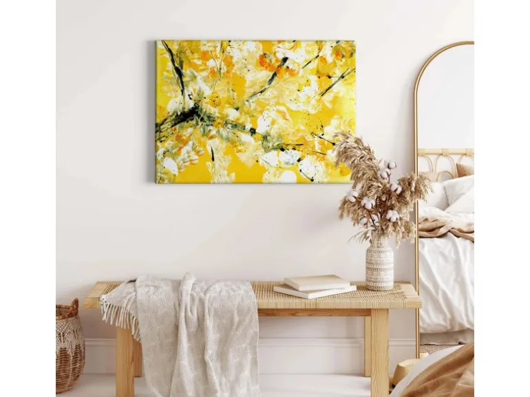 Bricoflor Abstraktes Leinwandbild Gelb Und Weiß Asiatisches Wandbild Acryl Gemälde Optik Für Schlafzimmer Und Flur Kunst Leinwand Bild Auf Keilrahmen