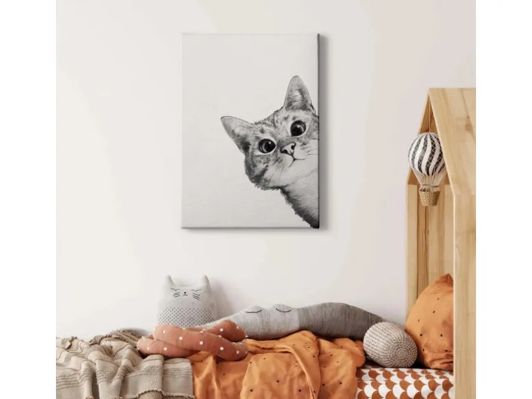 Bricoflor Bild Mit Katze Gezeichnet Modernes Leinwand Bild Mit Zeichnung Von Tier Grafik Wandbild In Schwarz Weiß Für Kinderzimmer Und Schlafzimmer