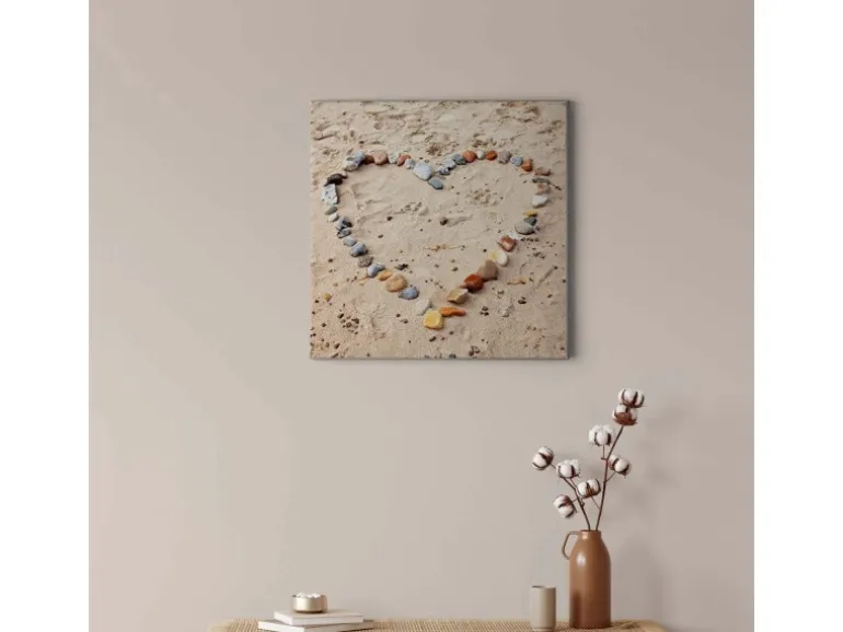 Bricoflor Bild Mit Steinen Als Herz Leinwand Bild Mit Strand Motiv Ideal Für Schlafzimmer Und Badezimmer Wandbild Im Maritimen Stil In Beige Und Grau