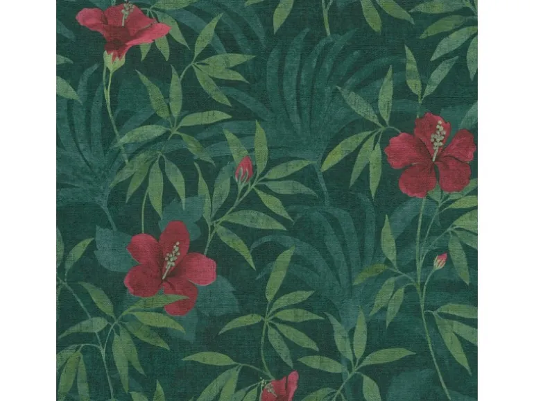 Bricoflor Dschungel Tapete in Grün Rot Tropische Blätter Vliestapete mit Blumen Hibiskus Wandtapete mit Palmenblättern für Wohnzimmer und Schlafzimmer