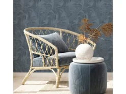 Bricoflor Leinen Tapete in Dunkelblau Palmen Vliestapete Blau in Leinenoptik Boho Mustertapete mit Palmenblätter Farn Design für Wohnzimmer